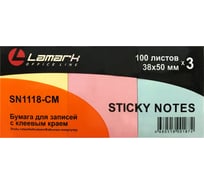 Бумага для заметок с клеевым краем LAMARK 38x50 мм, 3 шт. х100 л./упаковка, пастель ассорти упаковка 12 шт SN1118-CM