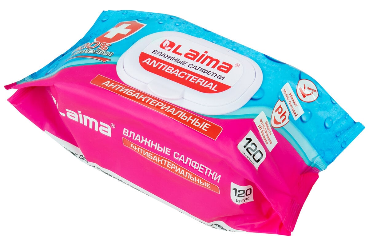 Влажные салфетки LAIMA Antibacterial, антибактериальные 120 шт., крышка ...
