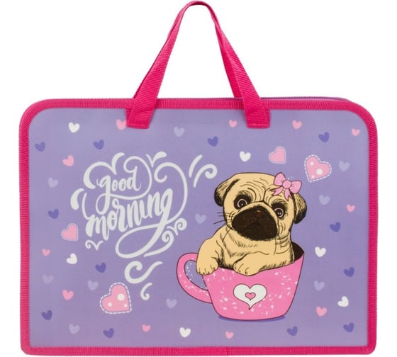 Папка с ручками Пифагор Pug А4, 1 отделение, пластик, молния сверху, 40 мм 270330