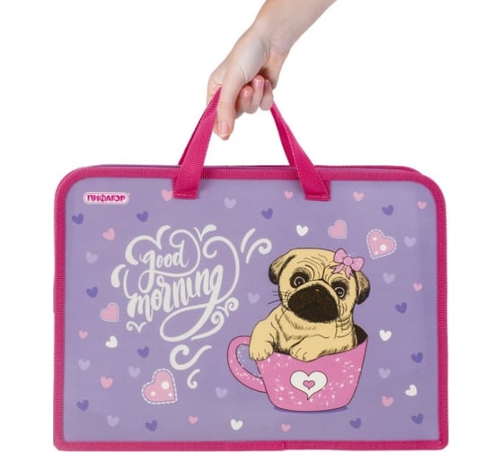 Папка с ручками Пифагор Pug А4, 1 отделение, пластик, молния сверху, 40 мм 270330