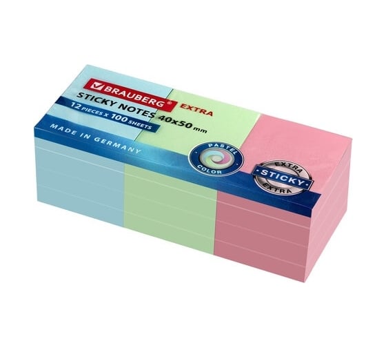 Самоклеящиеся блоки BRAUBERG EXTRA STICKY пастельные, 40x50 мм, набор 12 шт, по 100 л 112430