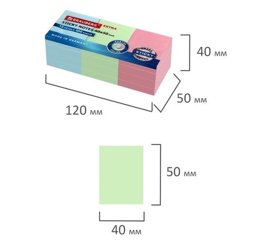 Самоклеящиеся блоки BRAUBERG EXTRA STICKY пастельные, 40x50 мм, набор 12 шт, по 100 л 112430