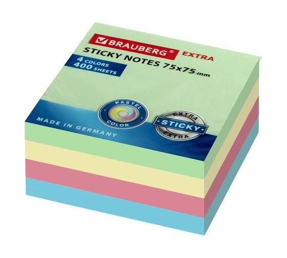 Самоклеящийся блок BRAUBERG EXTRA STICKY стикеры, пастельный, 75x75 мм, 400 л, 4 цвета 112440