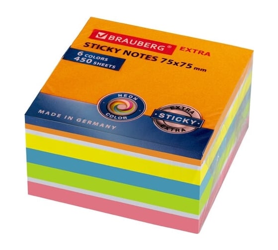 Самоклеящийся блок BRAUBERG EXTRA STICKY стикеры, неоновый, 75x75 мм, 450 л, 6 цветов 112425 1