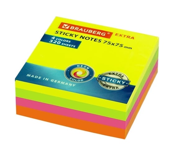 Самоклеящийся блок BRAUBERG EXTRA STICKY стикеры, неоновый, 75x75 мм, 320 л, 4 цвета 112422 1