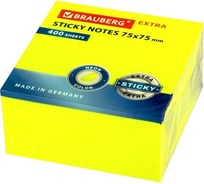 Самоклеящийся блок BRAUBERG EXTRA STICKY стикеры, неоновый, 75x75 мм, 400 л, желтый 112423