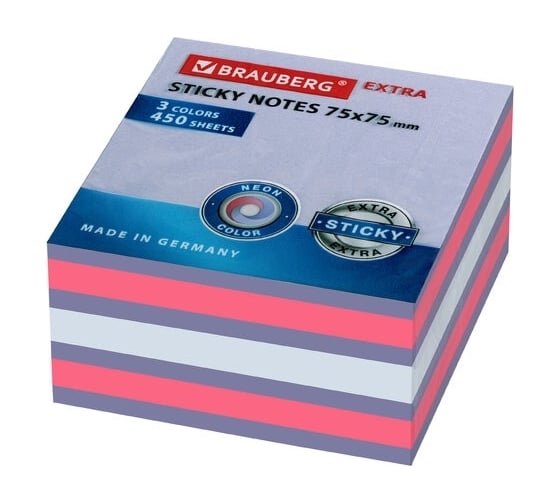 Самоклеящийся блок BRAUBERG EXTRA STICKY стикеры, неоновый, 75x75 мм, 450 л, 3 цвета 112424 1