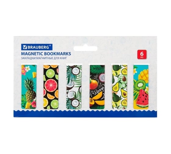 Магнитные закладки для книг BRAUBERG FRUITS набор 12 шт, 60x20 мм 113173