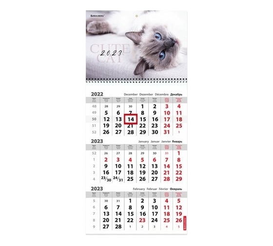 Квартальный календарь CUTE BRAUBERG на 2023 г, 3 блока, 1 гребень, с бегунком, мелованная бумага 114268