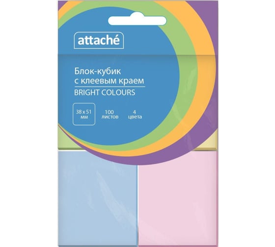 Стикеры Attache Bright colours с клеевым краем 38x51 мм комплект 4 цвета 100 листов 1495376 1