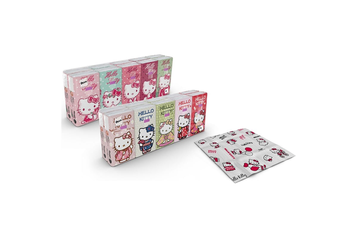 Бумажные платочки World Cart Hello Kitty 4-х слойные, 10 пачек, 9 листов,  21х21 см, 238 г KGHLK-HS-01 - выгодная цена, отзывы, характеристики, фото -  купить в Москве и РФ