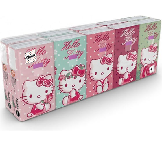 Бумажные платочки World Cart Hello Kitty 4-х слойные, 10 пачек, 9 листов, 21х21 см, 238 г KGHLK-HS-01
