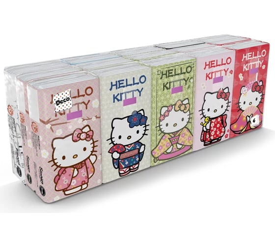 Бумажные платочки World Cart Hello Kitty с рисунком, 4 слоя, 15 пачек х 9 листов KGHLK/набор/15 1