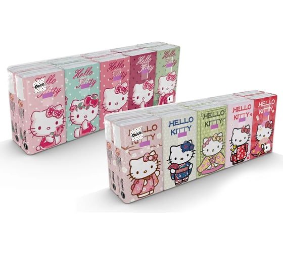 Бумажные платочки World Cart Hello Kitty с рисунком, 4 слоя, 15 пачек х 9 листов KGHLK/набор/15