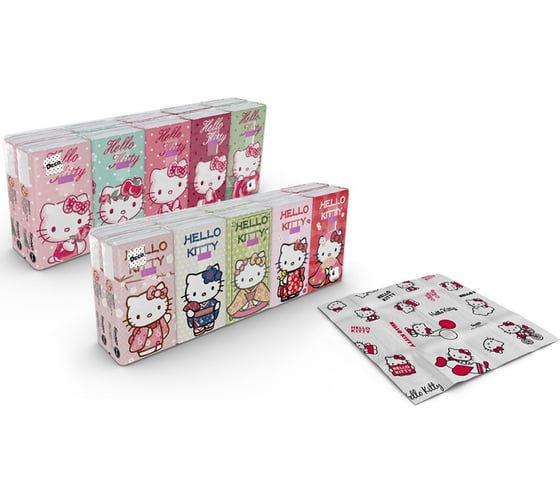 Бумажные платочки World Cart Hello Kitty с рисунком, 4 слоя, 15 пачек х 9 листов KGHLK/набор/15
