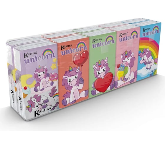 Бумажные платочки World Cart Единорог 4-х слойные, 10 пачек, 9 листов, 21х21 см KGDM3/набор/15 1