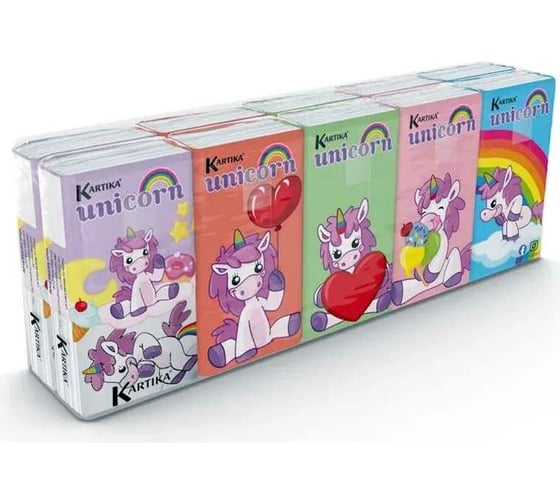 Бумажные платочки World Cart Единорог 4-х слойные, 10 пачек, 9 листов, 21х21 см KGDM3/набор/15