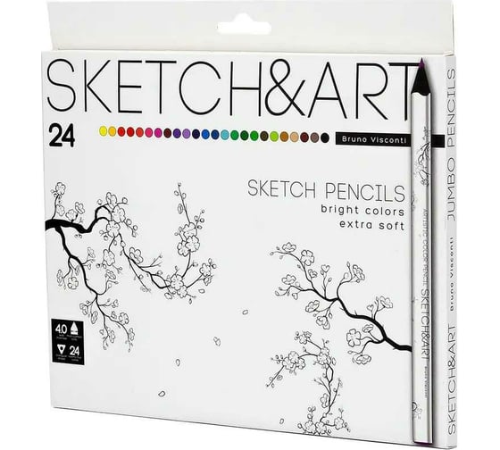 Цветные скетч-карандаши Bruno Visconti SKETCH&ART утолщенные, грифель 4 мм, 24 цвета 30-0115