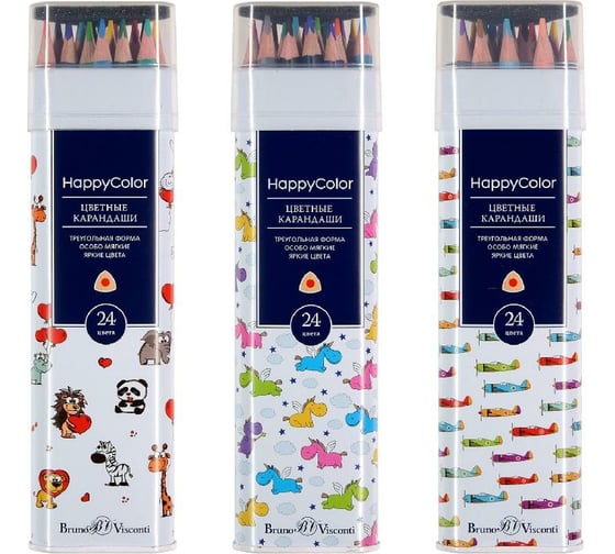 Цветные карандаши Bruno Visconti HAPPYCOLOR 24 цвета, в металлической тубе, 3 вида 30-0063