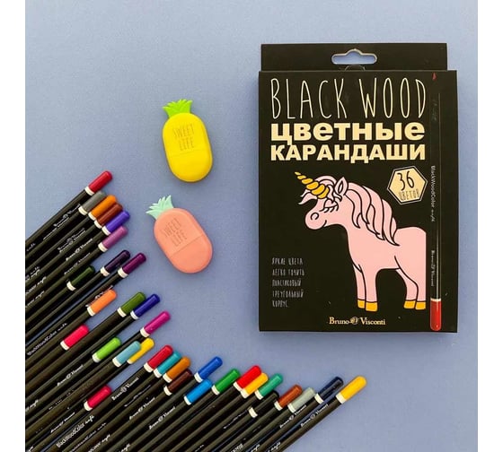 Цветные пластиковые карандаши Bruno Visconti BlackWoodColor 18 цветов, 4 вида 30-0098