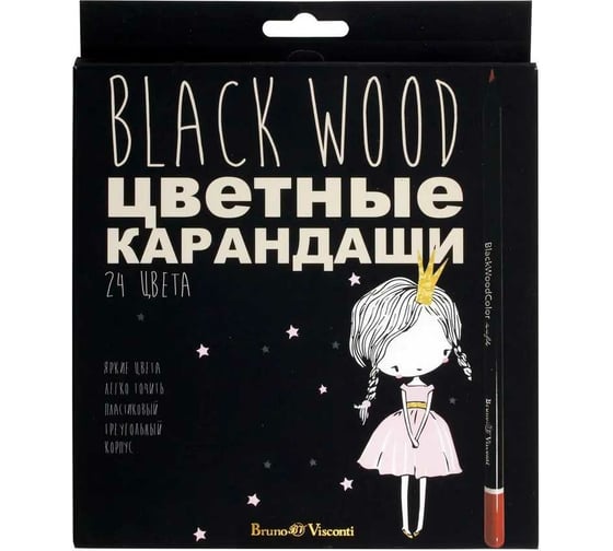 Цветные пластиковые карандаши Bruno Visconti BlackWoodColor 24 цвета, 3 вида 30-0099