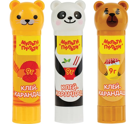 Клей-карандаш Мульти-Пульти Набор Зверята: кот/мишка/панда, 9 г, колпачок в форме животного, ПВП, пакет, европодвес GS_41909