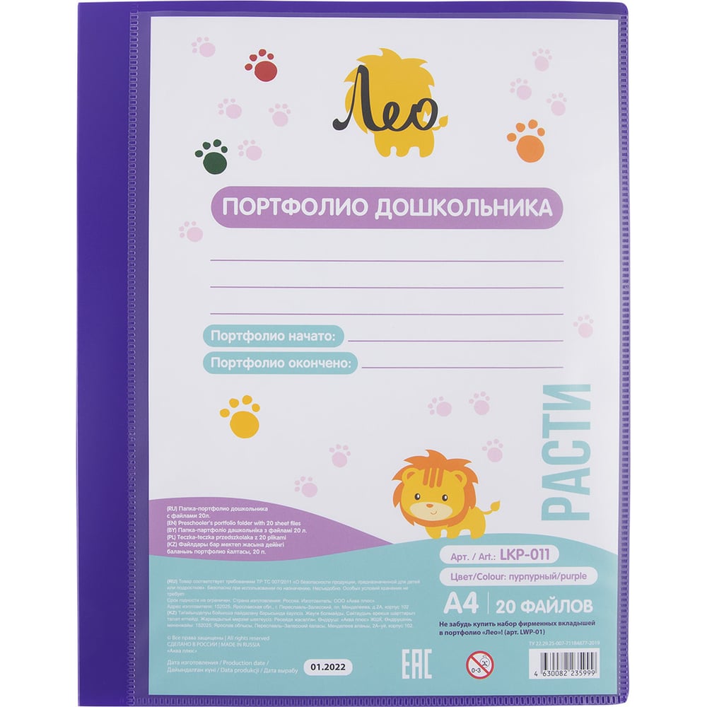 Папка-портфолио дошкольника с файлами Лео Расти 20 листов A4, 700 мкм ...