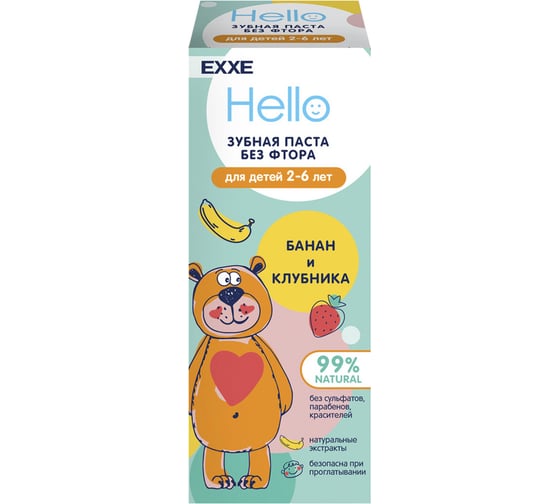 Зубная паста EXXE Hello детская, 50 мл, банан/клубника, 2-6 лет 235229 1