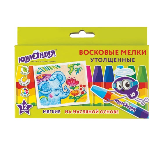 Утолщенные восковые мелки ЮНЛАНДИЯ ИНДИЙСКИЙ СЛОН, набор 12 цветов, масляная основа 227297