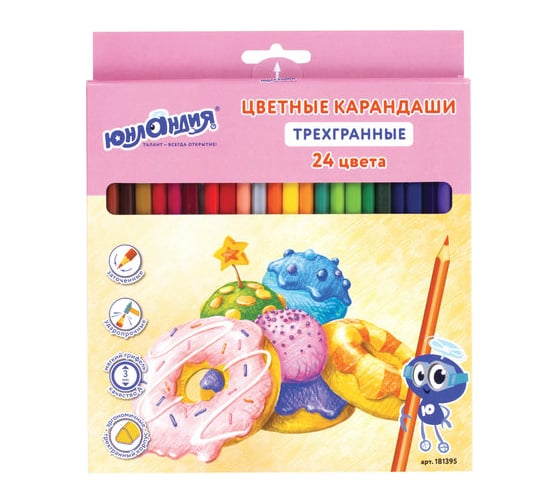 Цветные карандаши ЮНЛАНДИЯ СЛАДКИЕ ИСТОРИИ, 24 цвета, трехгранные заточенные 181395
