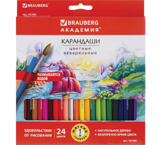 Акварельные цветные карандаши BRAUBERG АКАДЕМИЯ, 24 цвета, шестигранные, высокое качество 181400