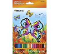 Цветные карандаши BRAUBERG Wonderful butterfly, 18 цветов, заточенные, картонная упаковка с блестками 180550