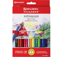 Акварельные цветные карандаши BRAUBERG АКАДЕМИЯ, 18 цветов, шестигранные, высокое качество 181399