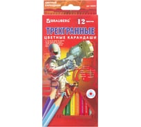 Цветные карандаши BRAUBERG Star Patrol, 12 цветов, трехгранные, заточенные, картонная упаковка 180595