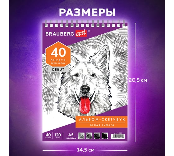 Скетчбук BRAUBERG белая бумага 120 г/м2, 145х205 мм, 40 листов, гребень, жёсткая подложка 110988