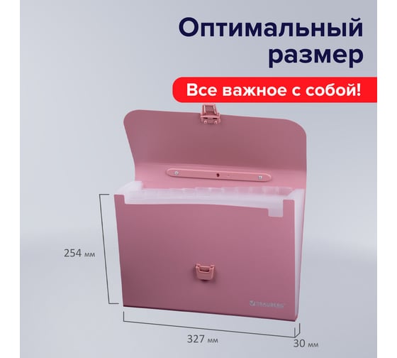 Пластиковый портфель BRAUBERG А4 327х254х30 мм, 13 отделений, индексные ярлыки, розовый 221441