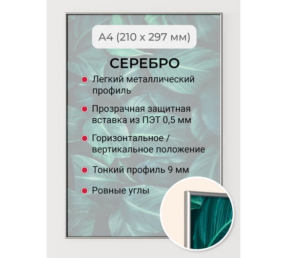 Фоторамка ООО Первое ателье Серебристая алюминиевая рамка А4 (210x297 мм) Niel-2sm-21x29