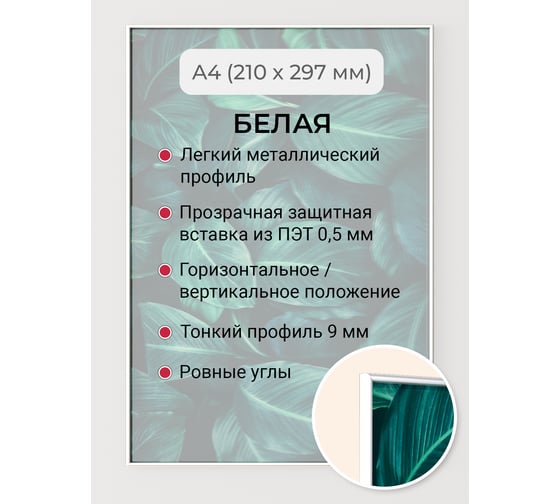 Фоторамка ООО Первое ателье Белая алюминиевая рамка А4 (210x297 мм) Niel-2wg-21х29