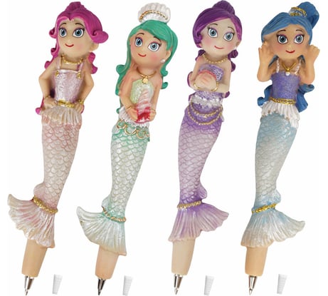 Фигурная ручка BRAUBERG РУСАЛОЧКИ-2, синяя, 4 дизайна письма 0.5 мм, дисплей 142773