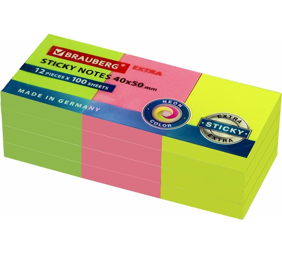 Самоклеящиеся блоки BRAUBERG EXTRA STICKY неоновые, 40x50 мм, набор 12 шт по 100 листов, 3 цвета 112415 1