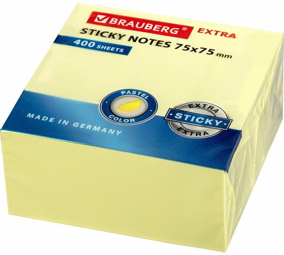 Самоклеящийся блок BRAUBERG EXTRA STICKY стикеры, пастельный, 75x75 мм, 400 листов, желтый 112439 1