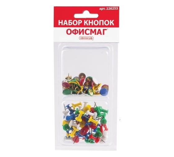 Набор ОФИСМАГ силовые кнопки-гвоздики, ассорти 50 шт, кнопки канцелярские цветные 50 шт, блистер 226253