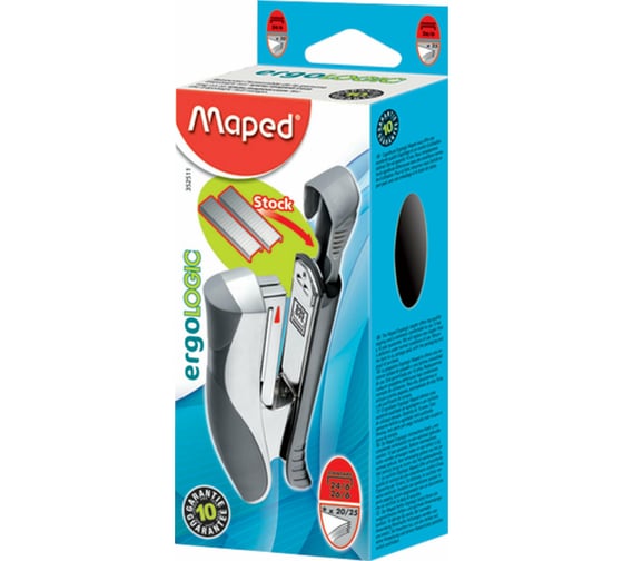 Степлер MAPED Ergologic №24/6, 26/6, до 25 листов, с контейнером для скоб, серебристо-бирюзовый 352513 223138