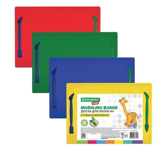 Доска для лепки BRAUBERG Kids с отделениями и 2 стеками, А4, 280x200 мм, ассорти 271144