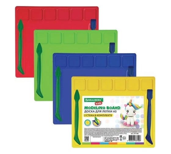 Доска для лепки BRAUBERG Kids с отделениями и 2 стеками, А5, 200x170 мм, ассорти 271145