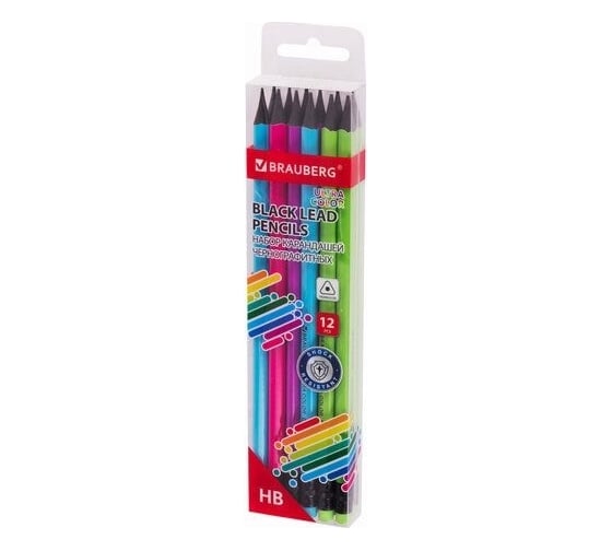 Набор чернографитных карандашей BRAUBERG Ultra Color 12 шт, Hb, с ластиком, пластиковые 181710