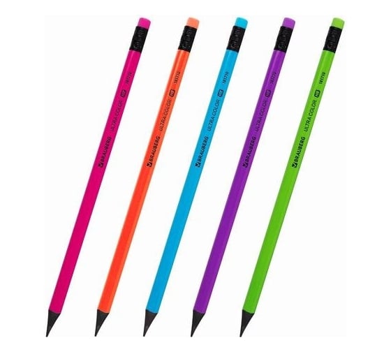 Набор чернографитных карандашей BRAUBERG Ultra Color 12 шт, Hb, с ластиком, пластиковые 181710