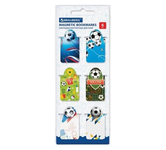Магнитные закладки для книг BRAUBERG Football c высечкой, набор 6 шт, 35x25 мм 113161 1