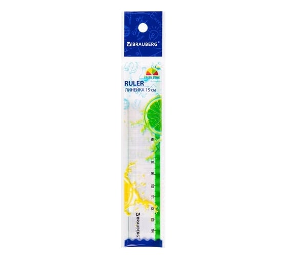 Пластиковая линейка BRAUBERG FRESH ZONE 15 см, прозрачная, с салатовой шкалой 210748