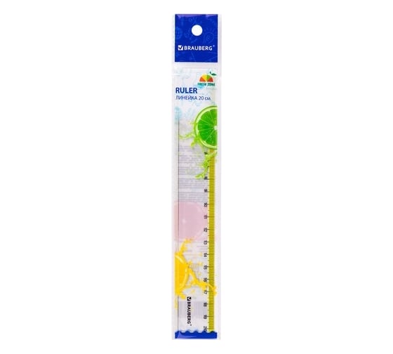 Пластиковая линейка BRAUBERG FRESH ZONE 20 см, прозрачная, с желтой шкалой 210749